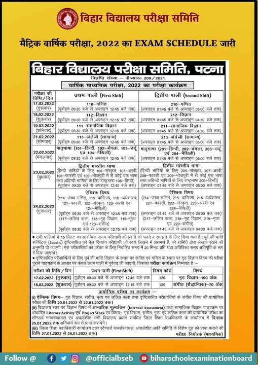 Bihar Board Class 10th Time Table 2022